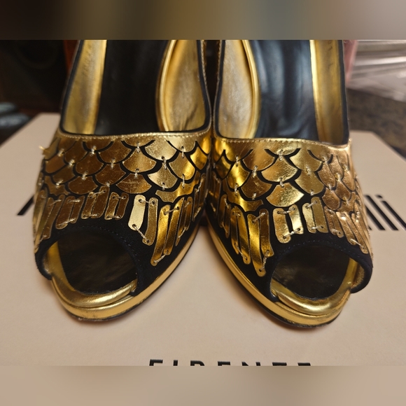 Showstopping Gold Black Suede ROBERTO CAVALLI Peeptoe Metallic Stiletto Pump 39 - Picture 3 of 10